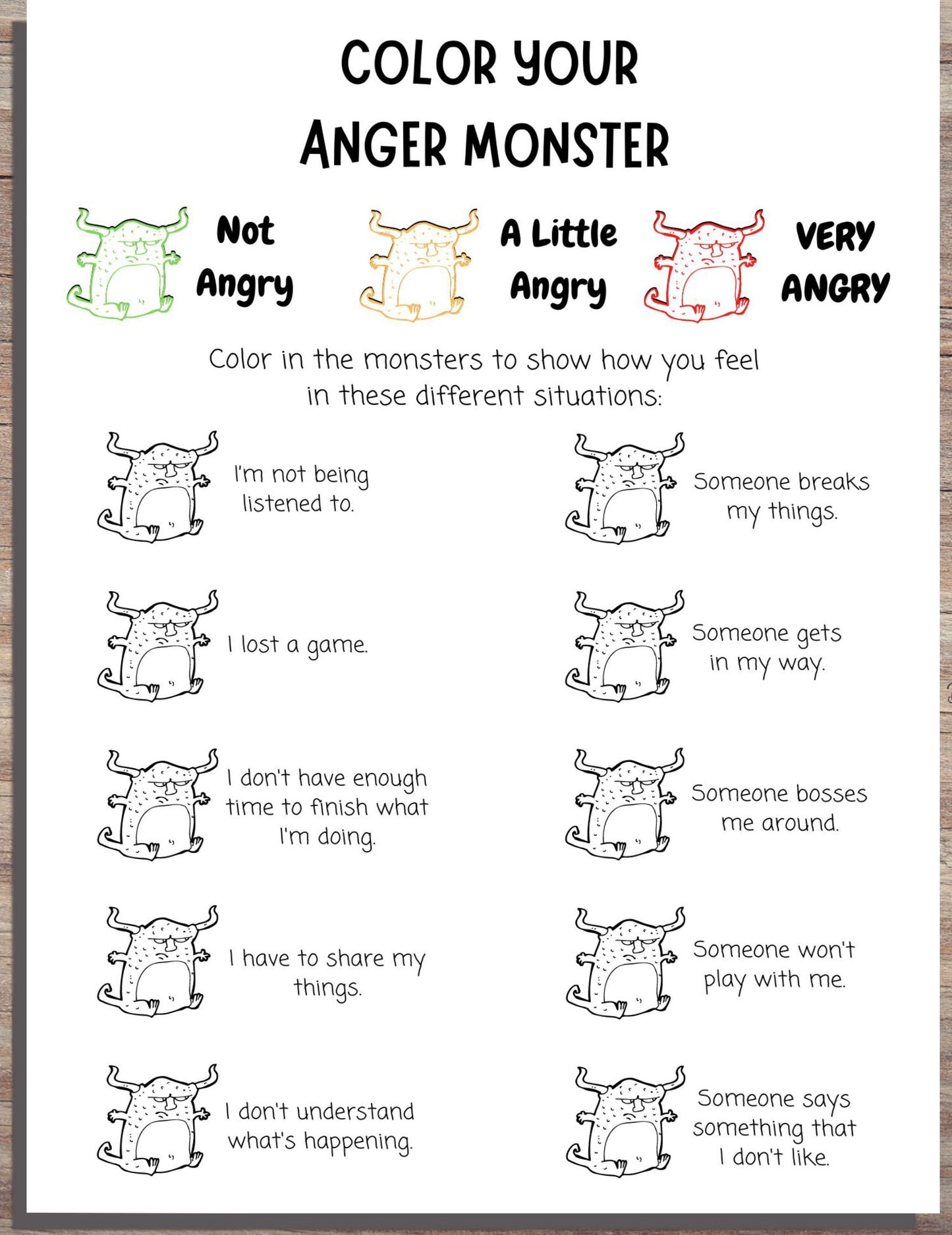 Angry Monsters Trigger Tracker: Kids' Anger Triggers Worksheet