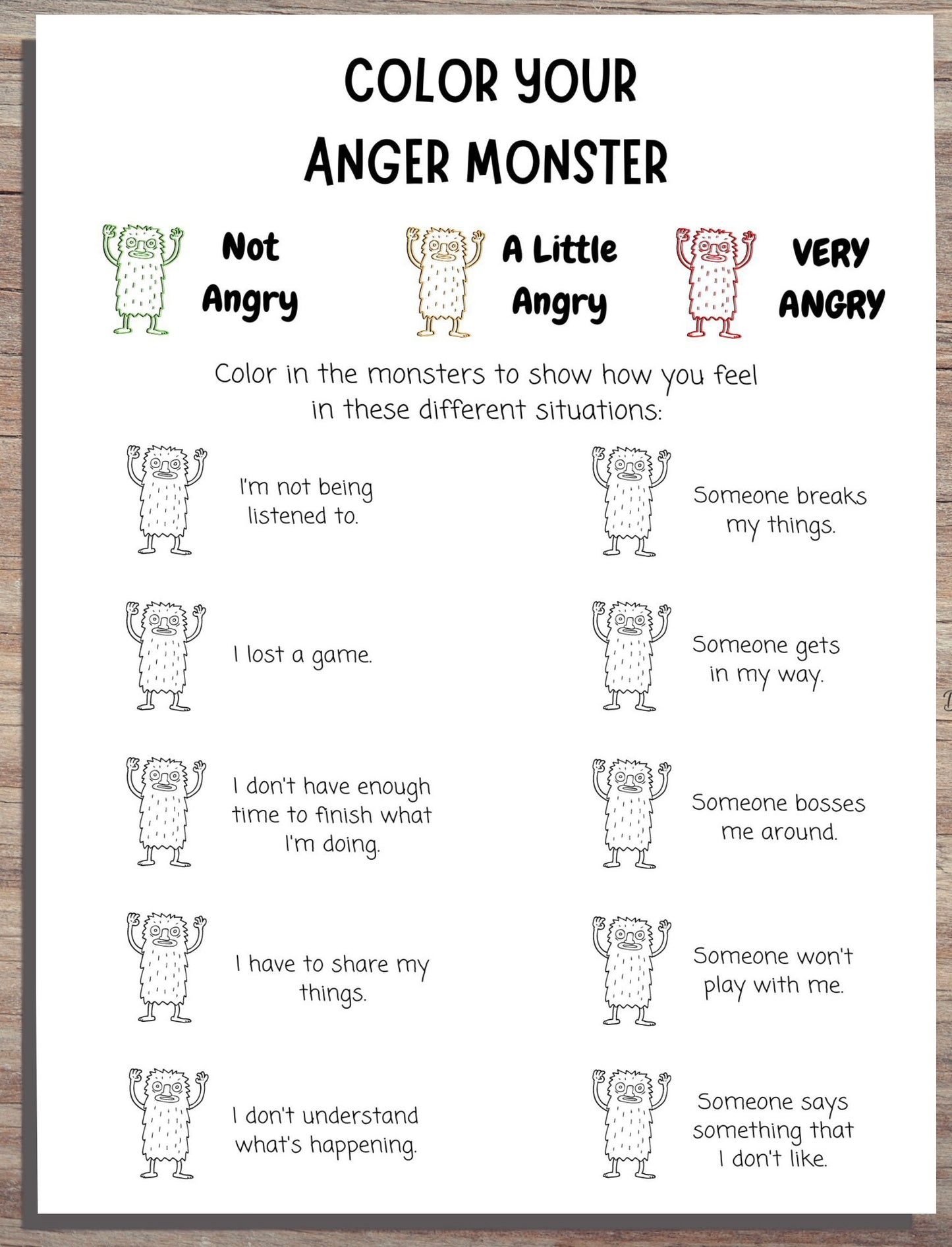 Angry Monsters Trigger Tracker: Kids' Anger Triggers Worksheet
