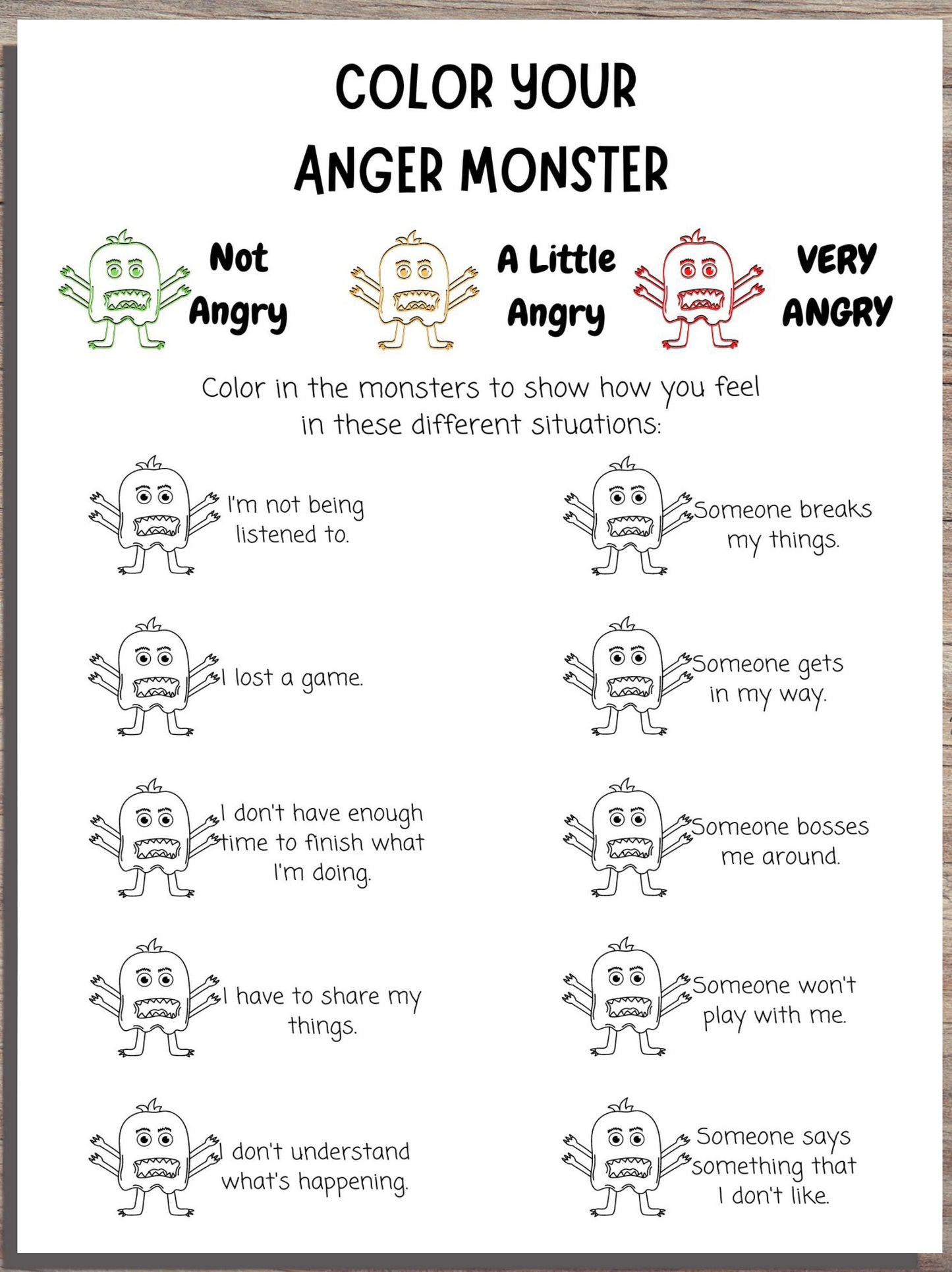 Angry Monsters Trigger Tracker: Kids' Anger Triggers Worksheet