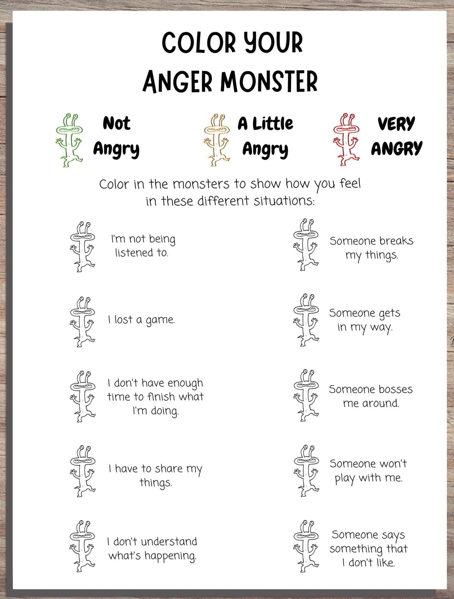 Angry Monsters Trigger Tracker: Kids' Anger Triggers Worksheet