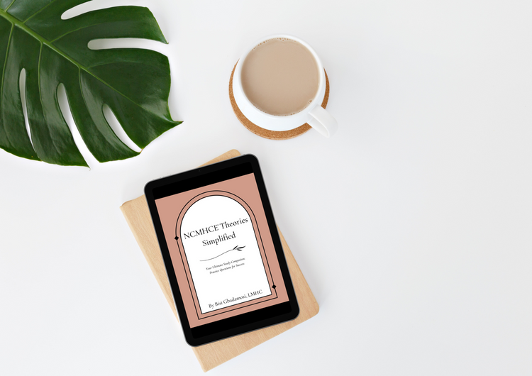 NCMHCE Theories Simplified Cover on a black ipad. Black ipad is on top of a tan journal. Palm leaf in the upper left corner. White mug of coffee above the ipad.