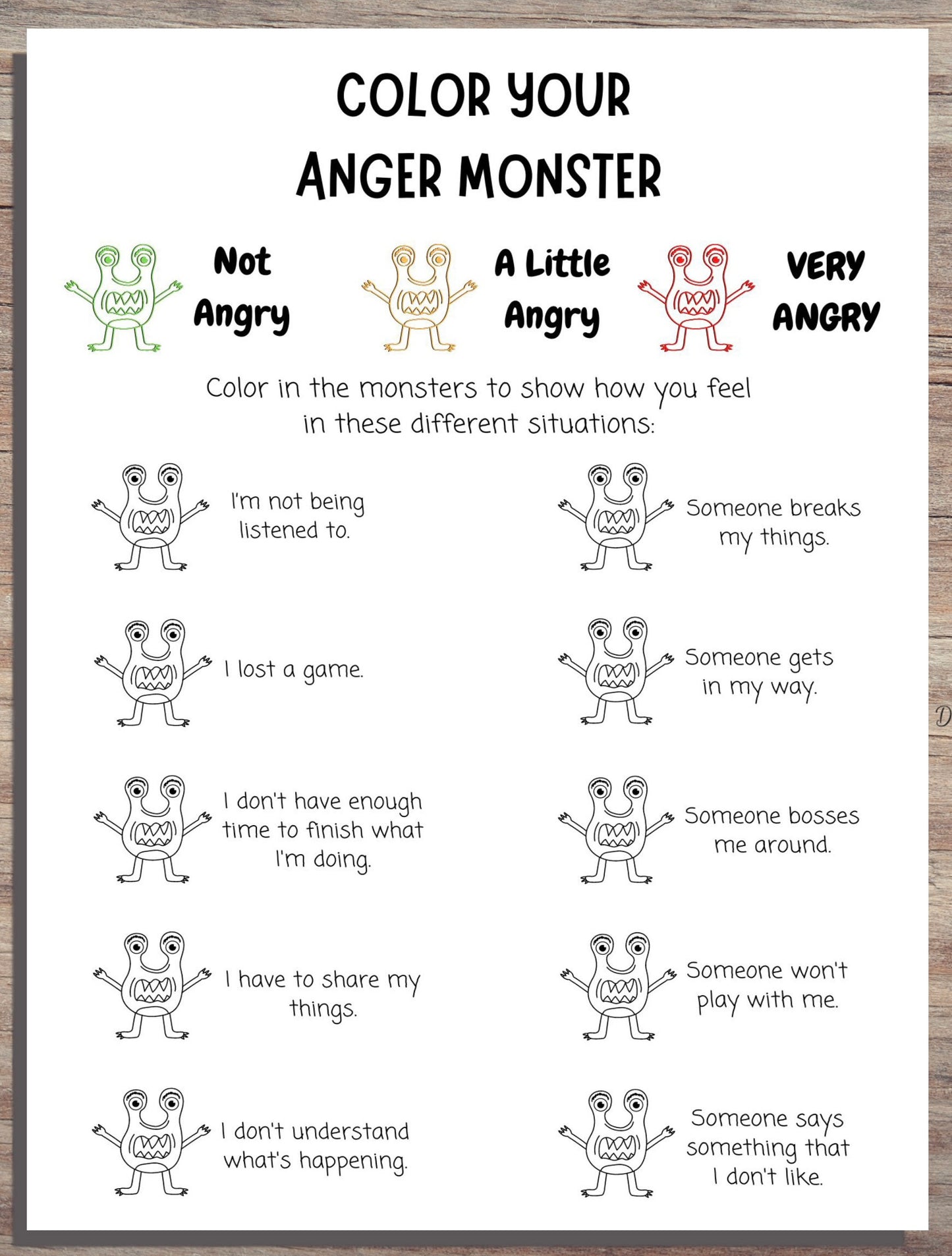 Angry Monsters Trigger Tracker: Kids' Anger Triggers Worksheet