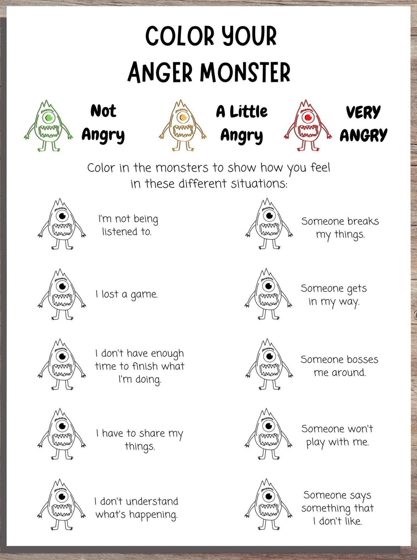Angry Monsters Trigger Tracker: Kids' Anger Triggers Worksheet