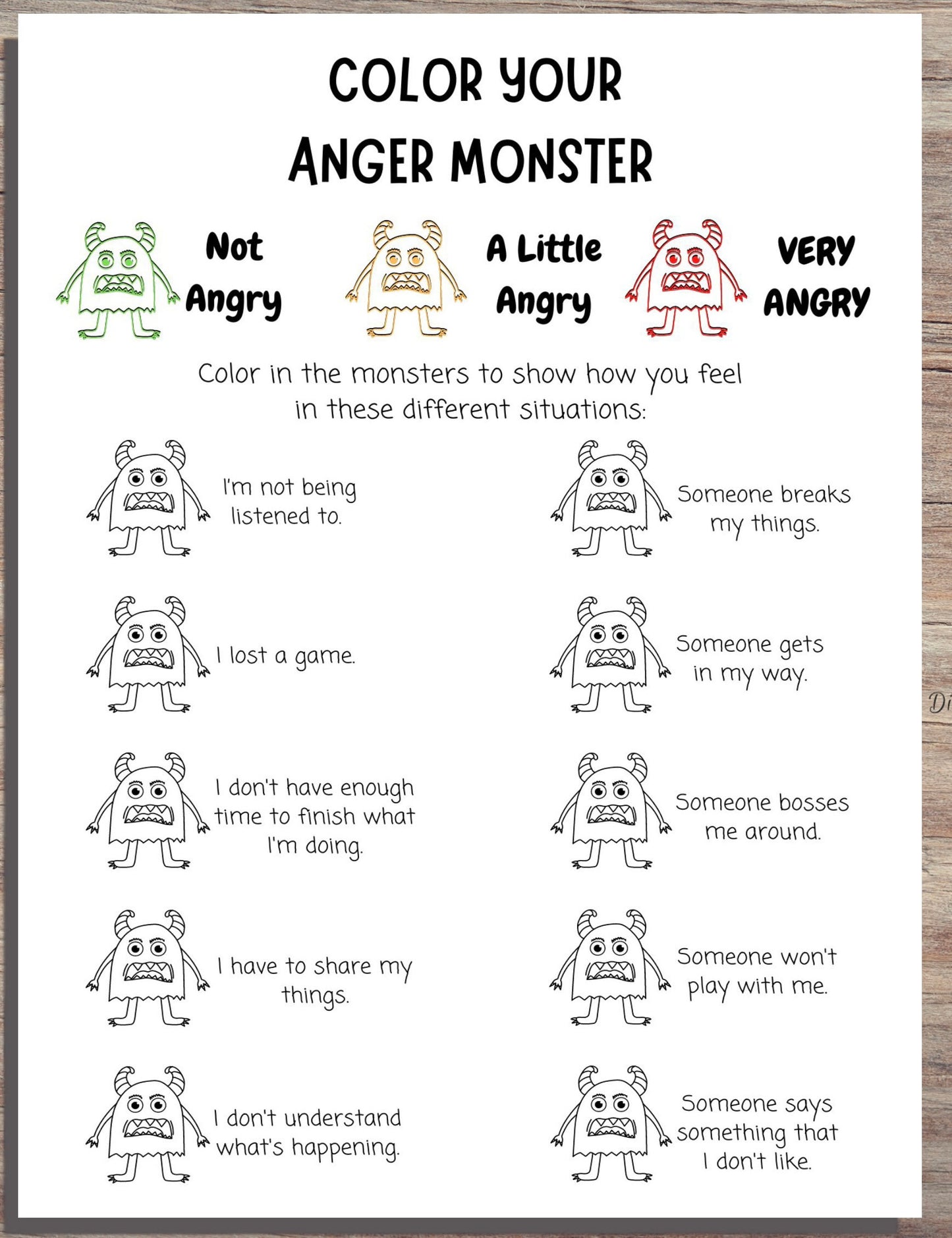 Angry Monsters Trigger Tracker: Kids' Anger Triggers Worksheet