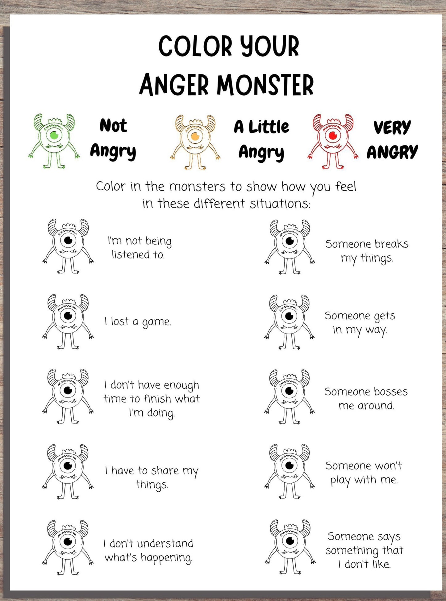 Angry Monsters Trigger Tracker: Kids' Anger Triggers Worksheet