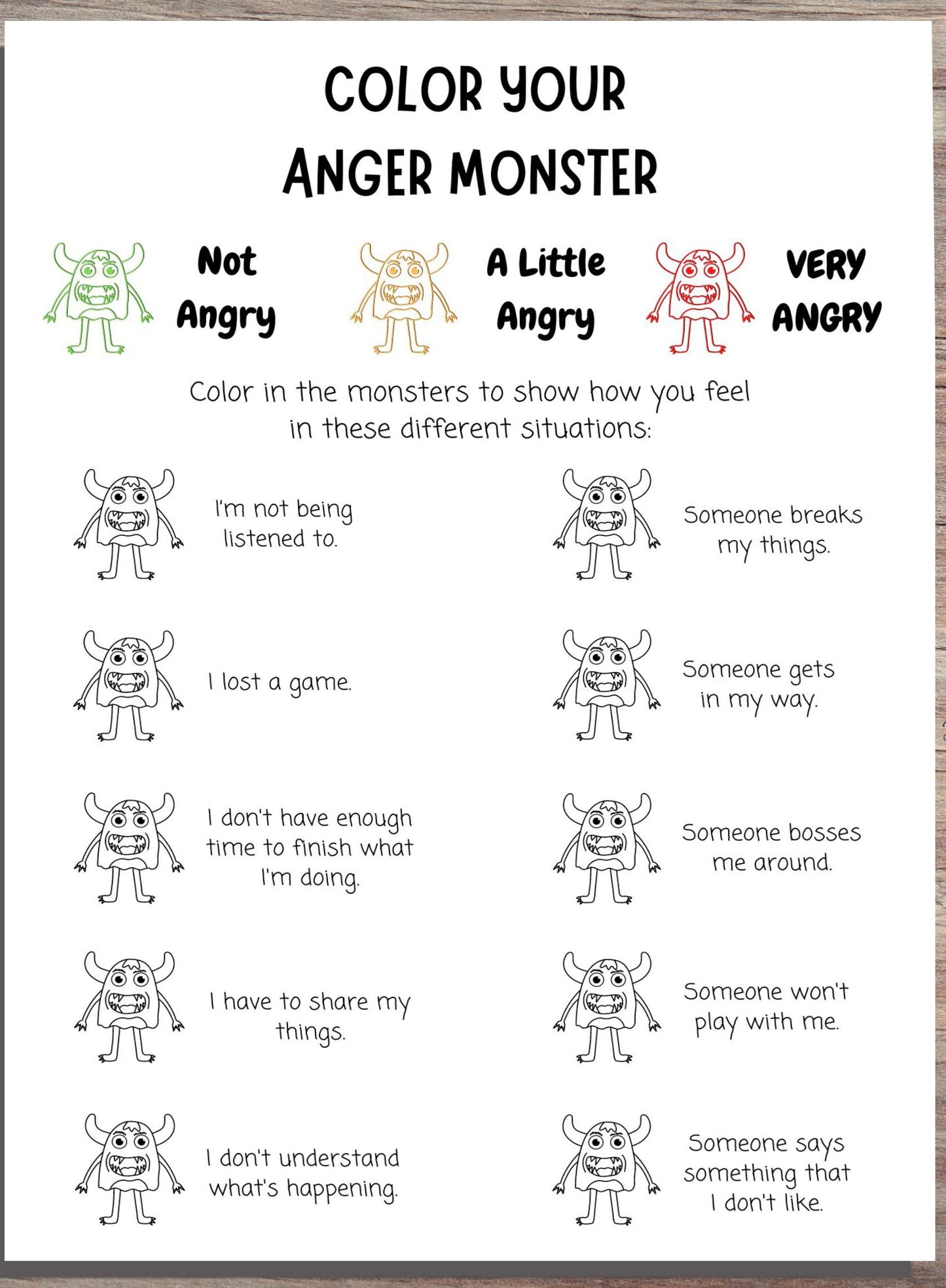 Angry Monsters Trigger Tracker: Kids' Anger Triggers Worksheet