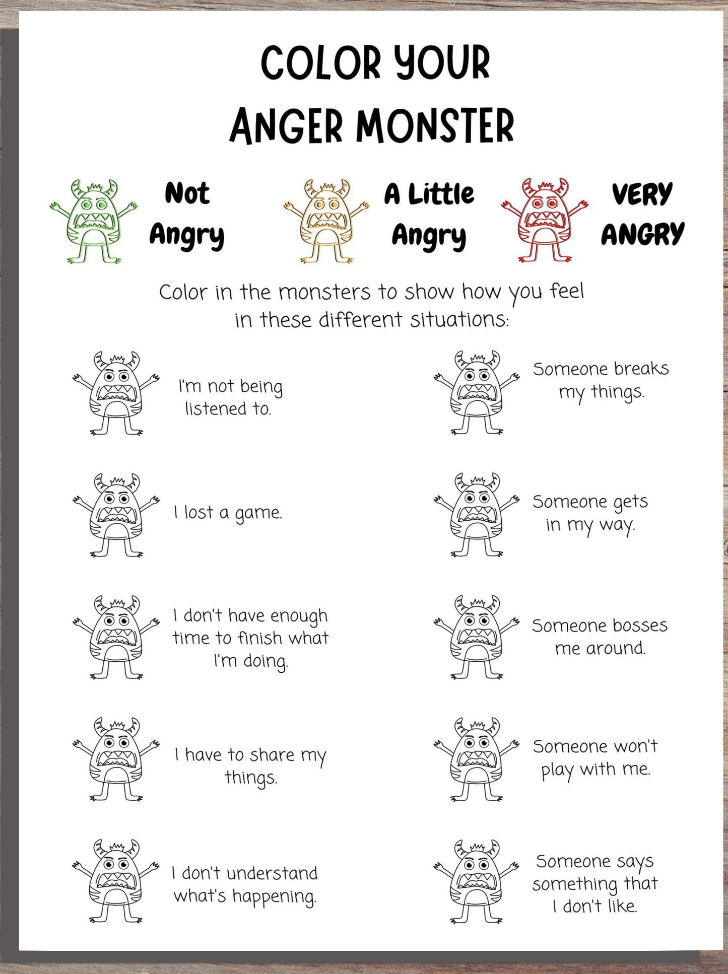 Angry Monsters Trigger Tracker: Kids' Anger Triggers Worksheet